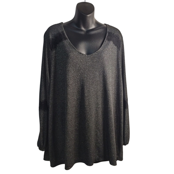 Como Vintage Tops - COMO Vintage Blouse Women's Black Silver Metallic V-Neck Lace Trimmed Sz 3X